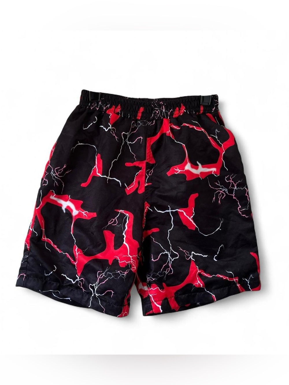 Boys Medium Red Black White Swim Trunks Summer Swim Shorts Lightning Outdoor EUC